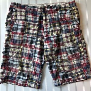 Old Navy Shorts Madras Plaid Patchwork Red Blue Pockets Summer Festival Size 33